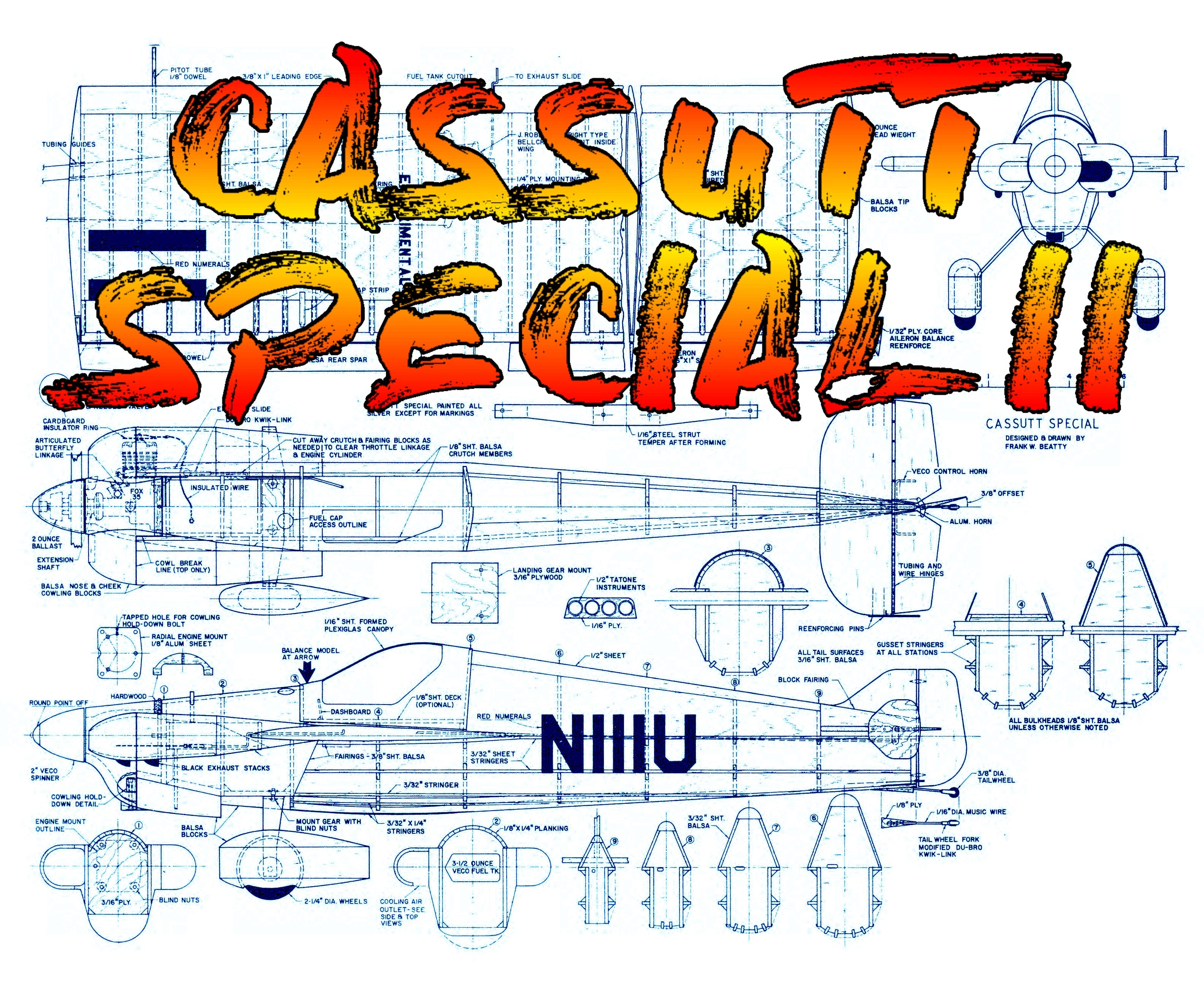 full size printed plans scale 2 3/16” = 1’  control line cassutt special ii