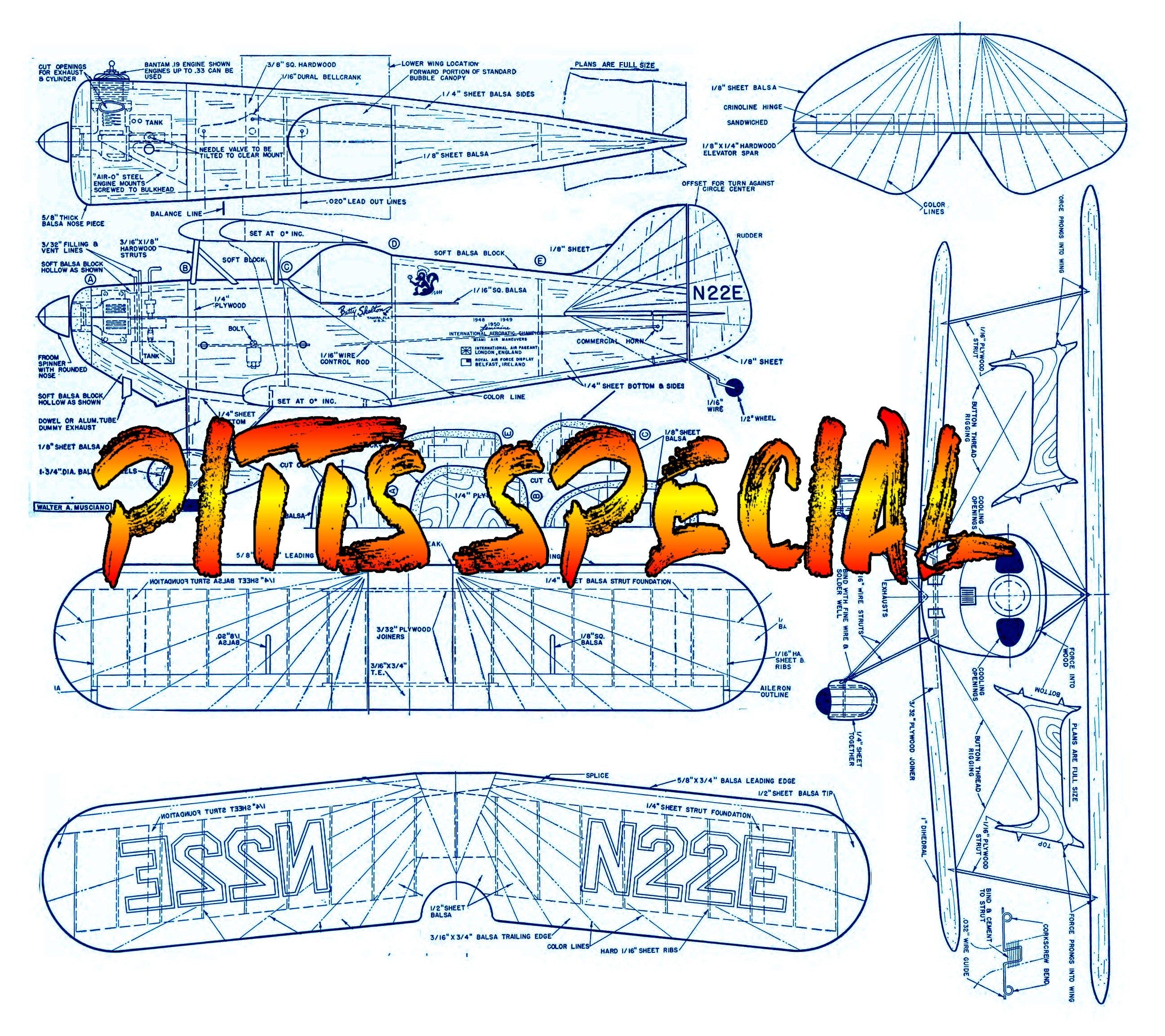 full size printed plans scale 1:8 control line sport or stunt pitts special