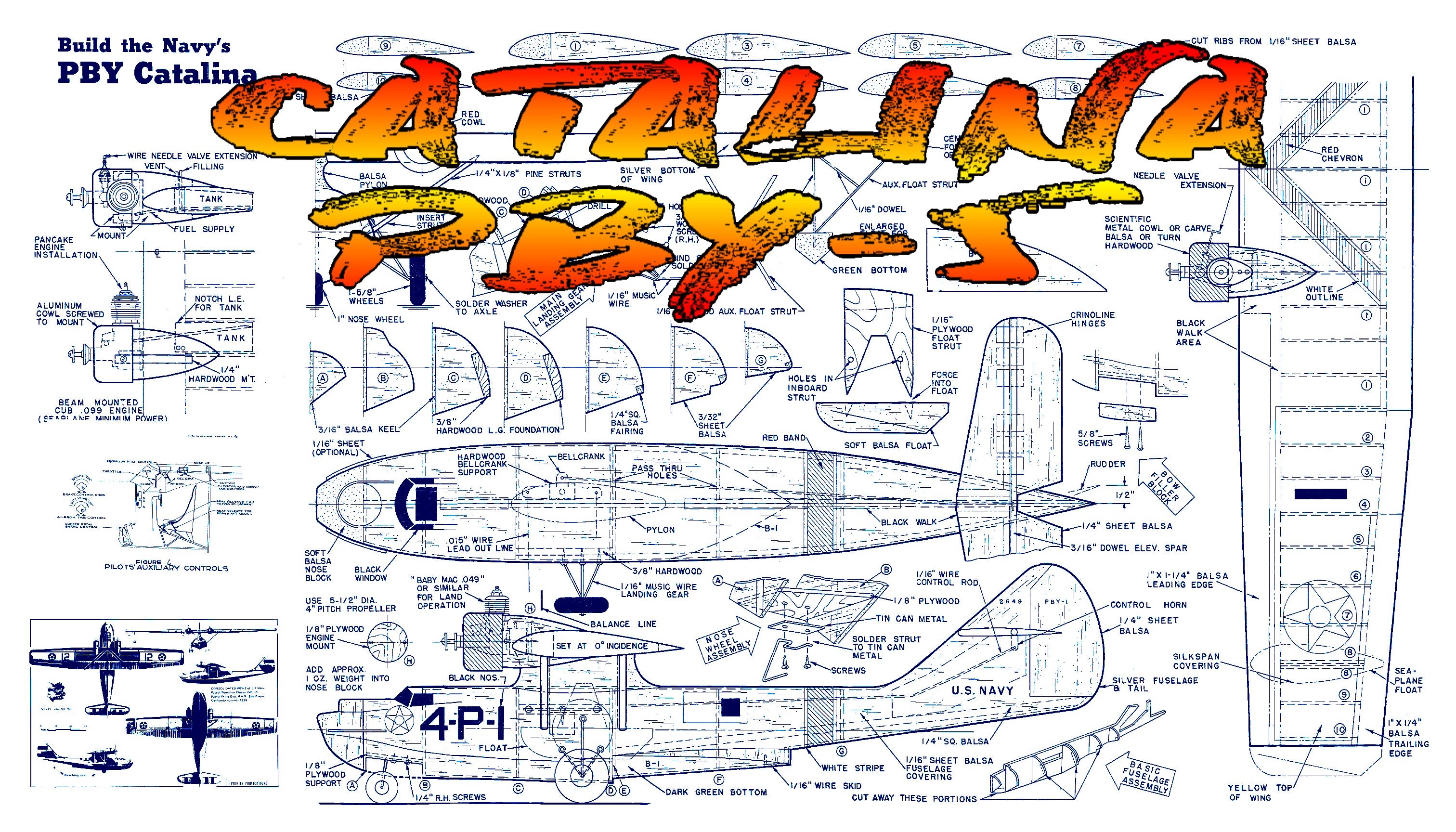 full size printed plan scale 1:36 control‑line model of navy's "dumbo" catalina pby-5