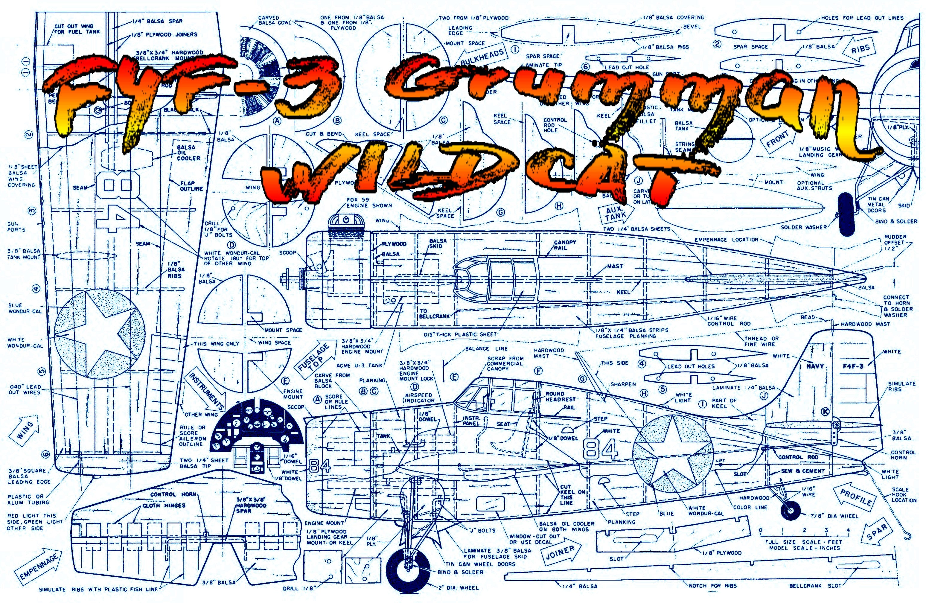 full size printed plans  control line  scale 1:12 f4f-3 grumman wildcat detailed plans