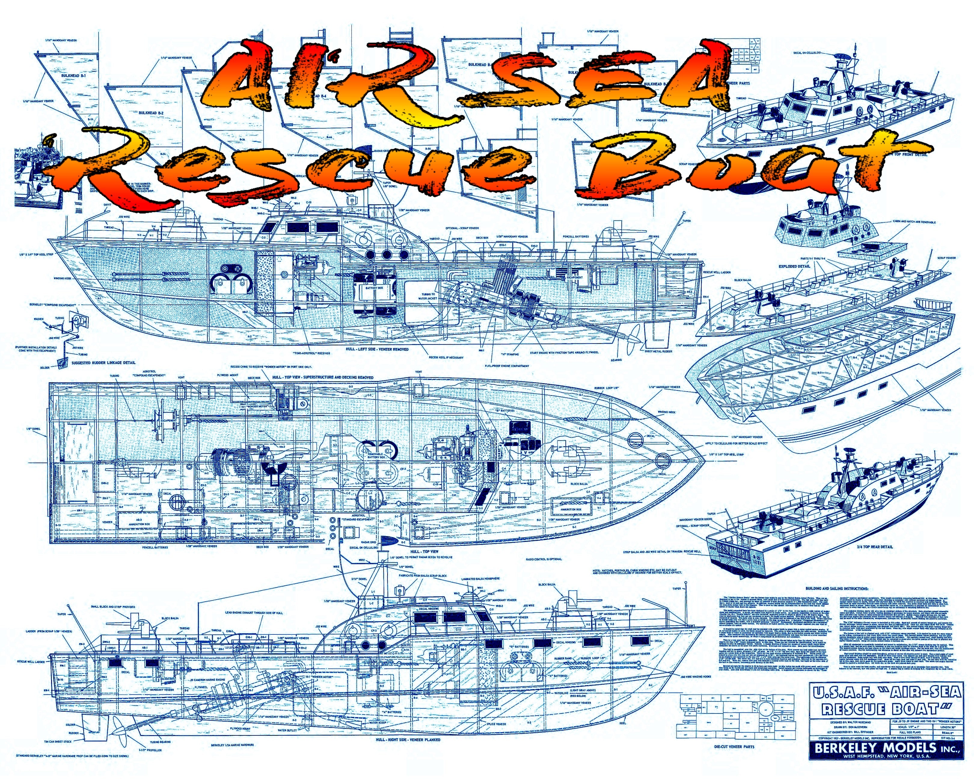 full size printed plan scale 1/3"=1ft air sea rescue boat by walter musciano for berkley models