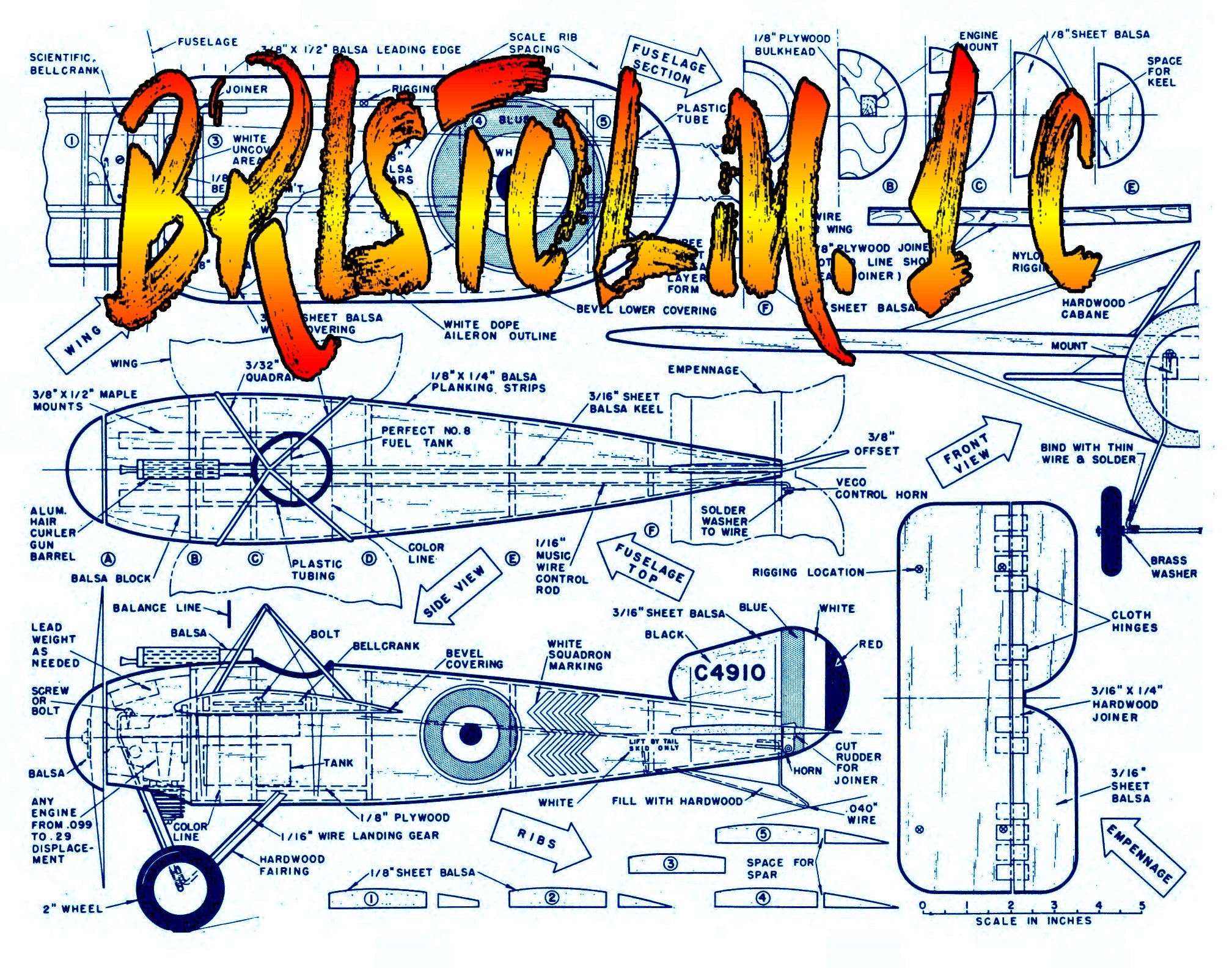 full size printed plans scale 1:12  control line world war one  bristol m. i c