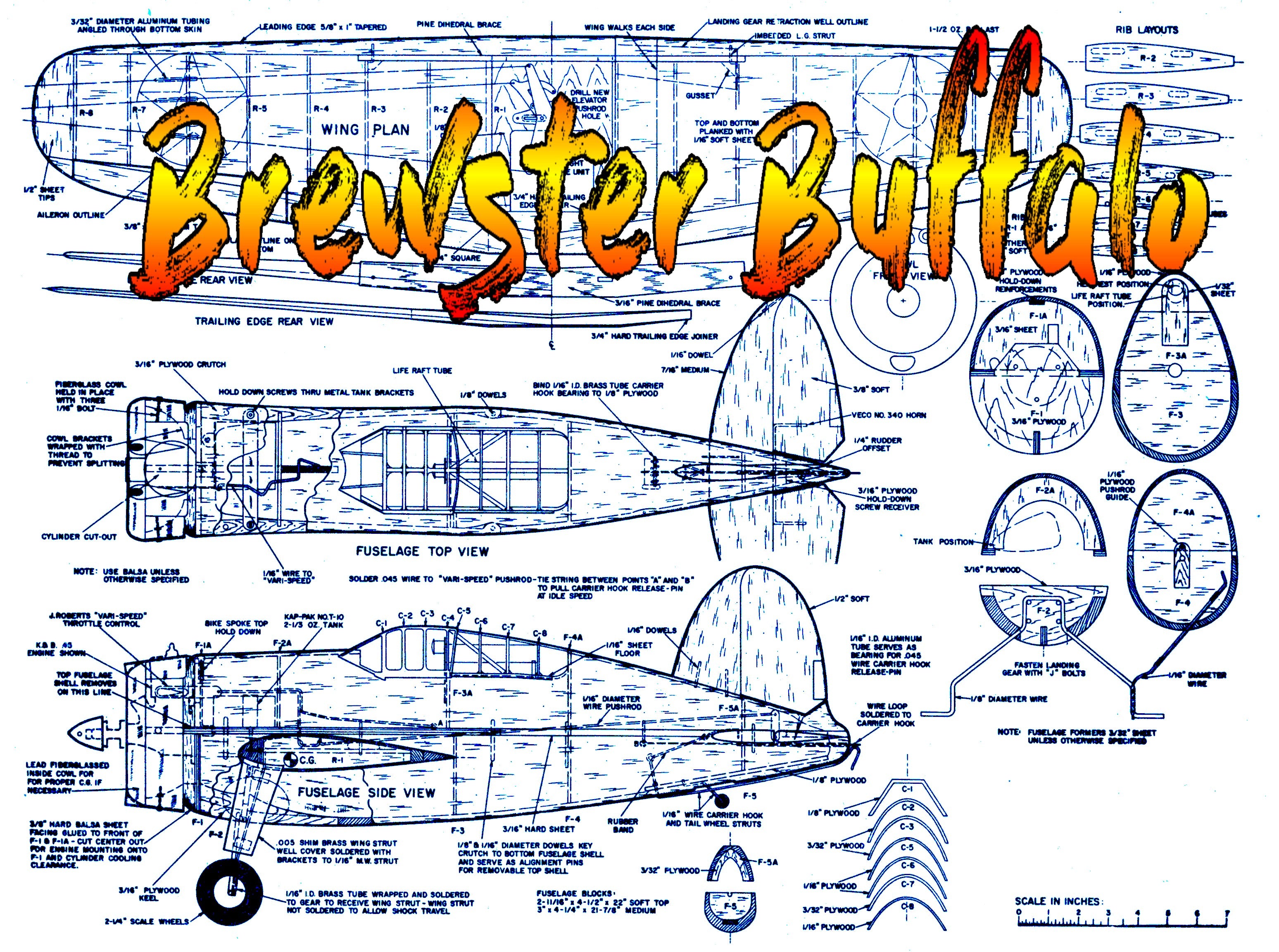 full size printed plans scale 1:12control line  carrier event brewster buffalo