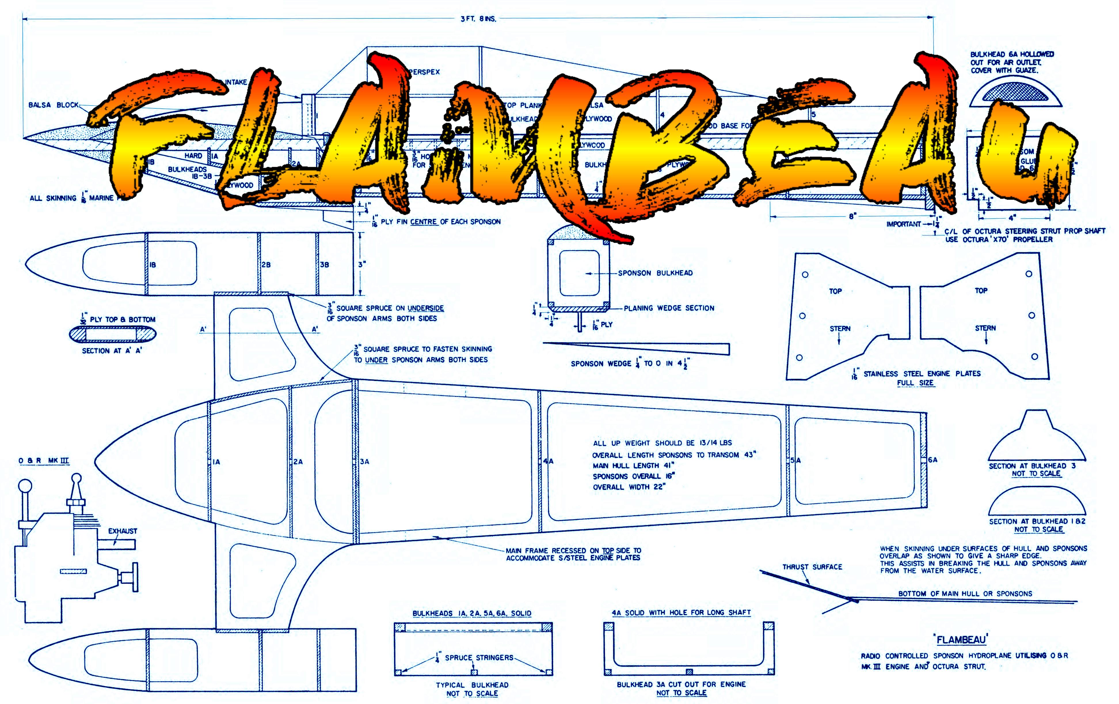 full size printed plan  44" hydroplane flambeau suitable for radio control