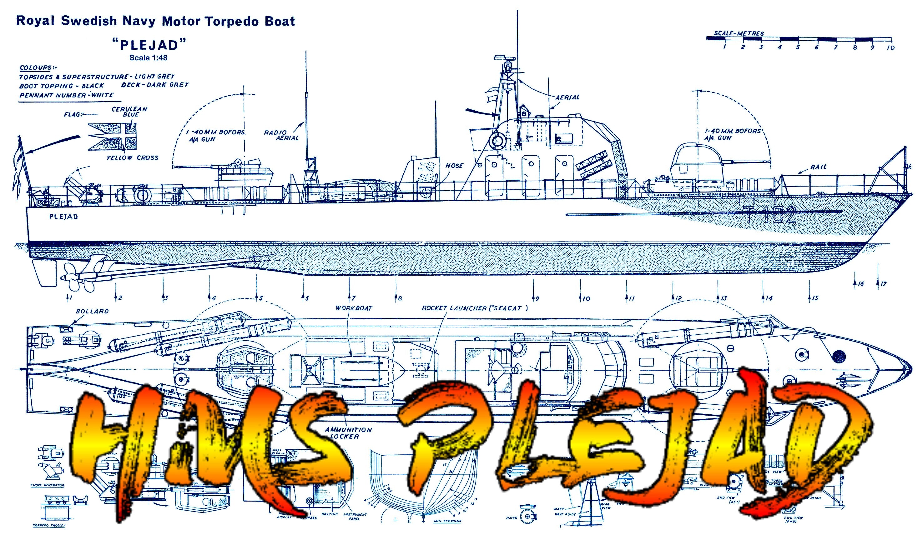 full size printed plan scale 1:48 swedish torpedo boat hms plejad suitable for radio control or display