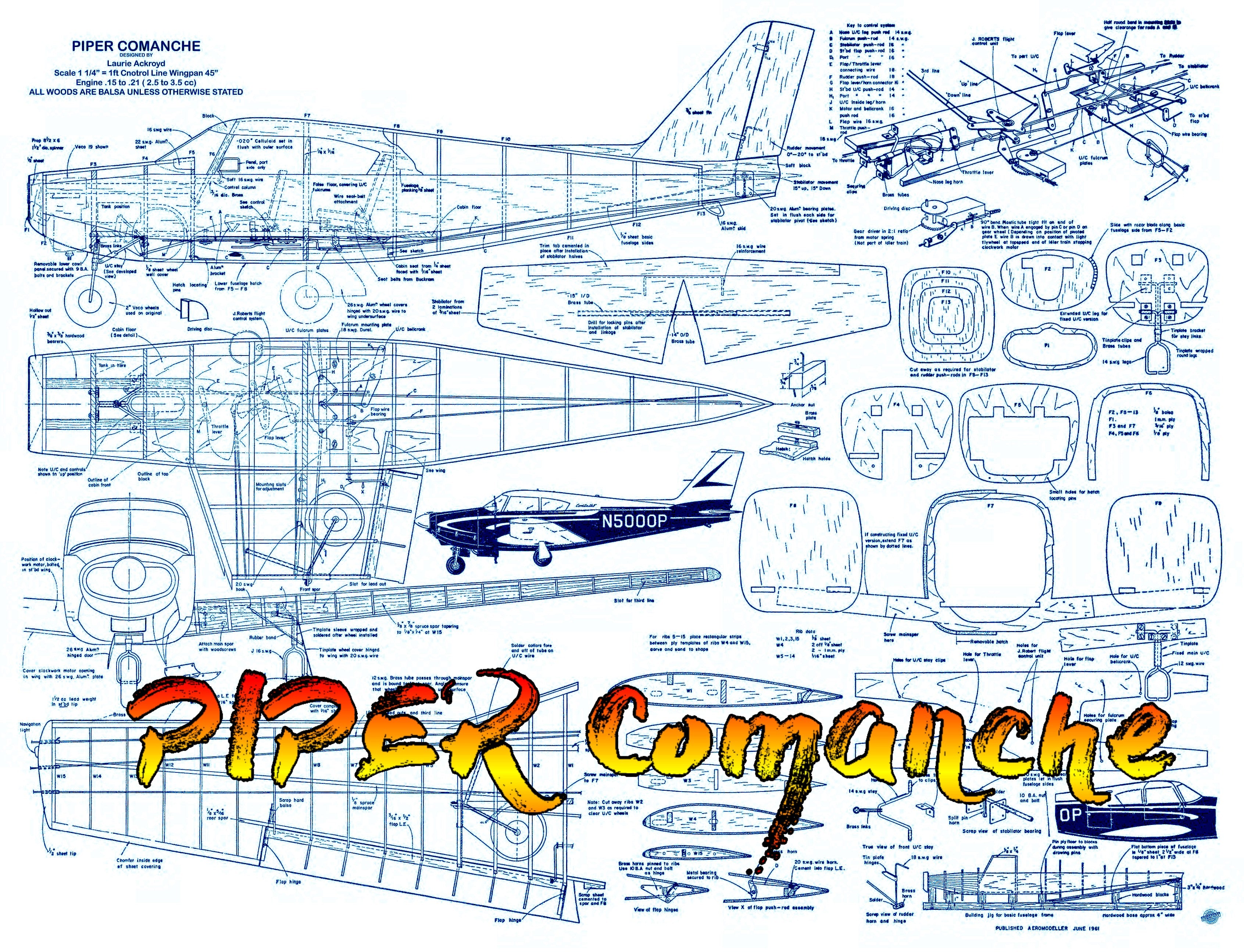 full size printed plans scale 1 1/4" = 1ft control line piper comanche throttle, flap and retracting landing gear