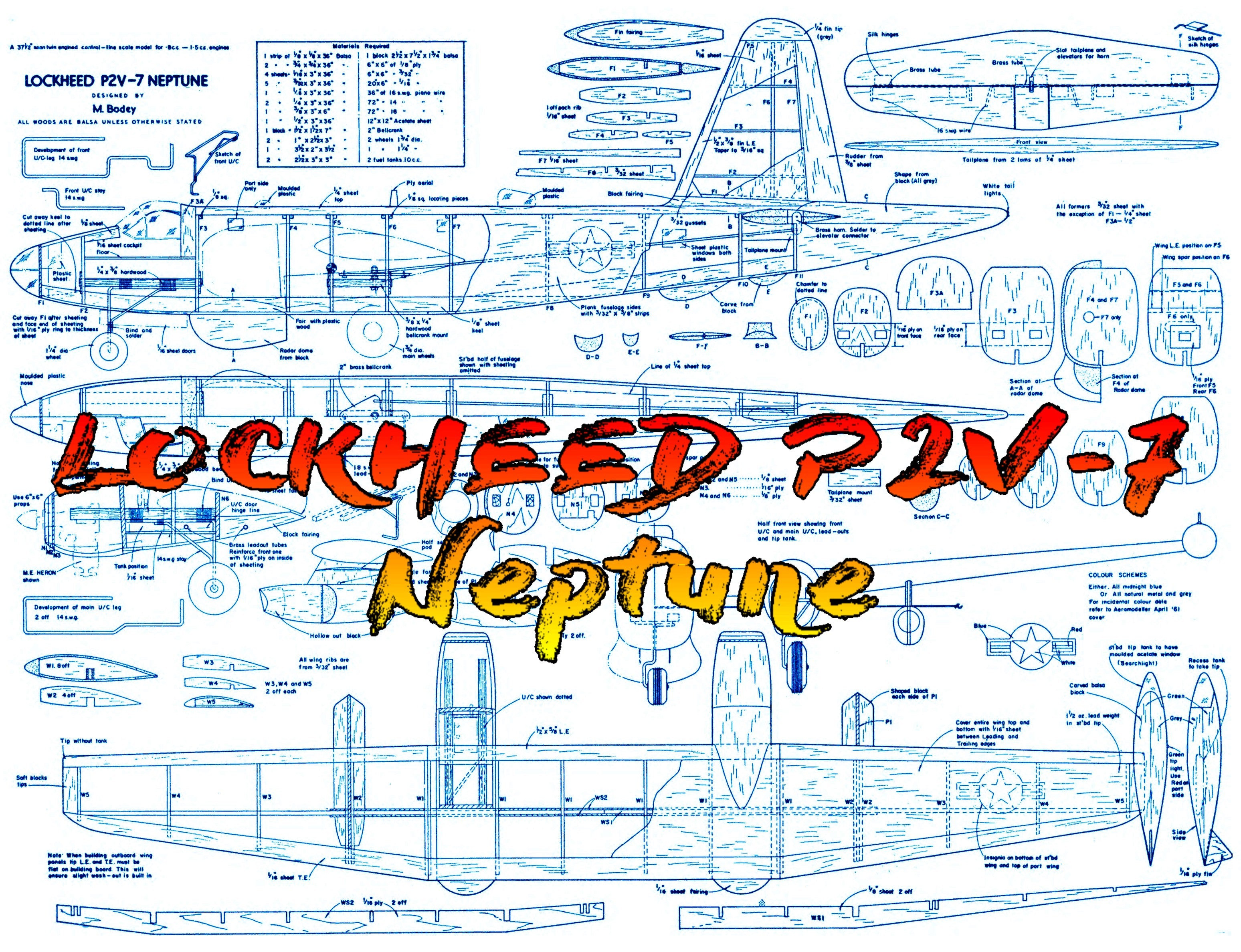 full size printed plans scale 1:32  control line lockheed p2v-7 neptune