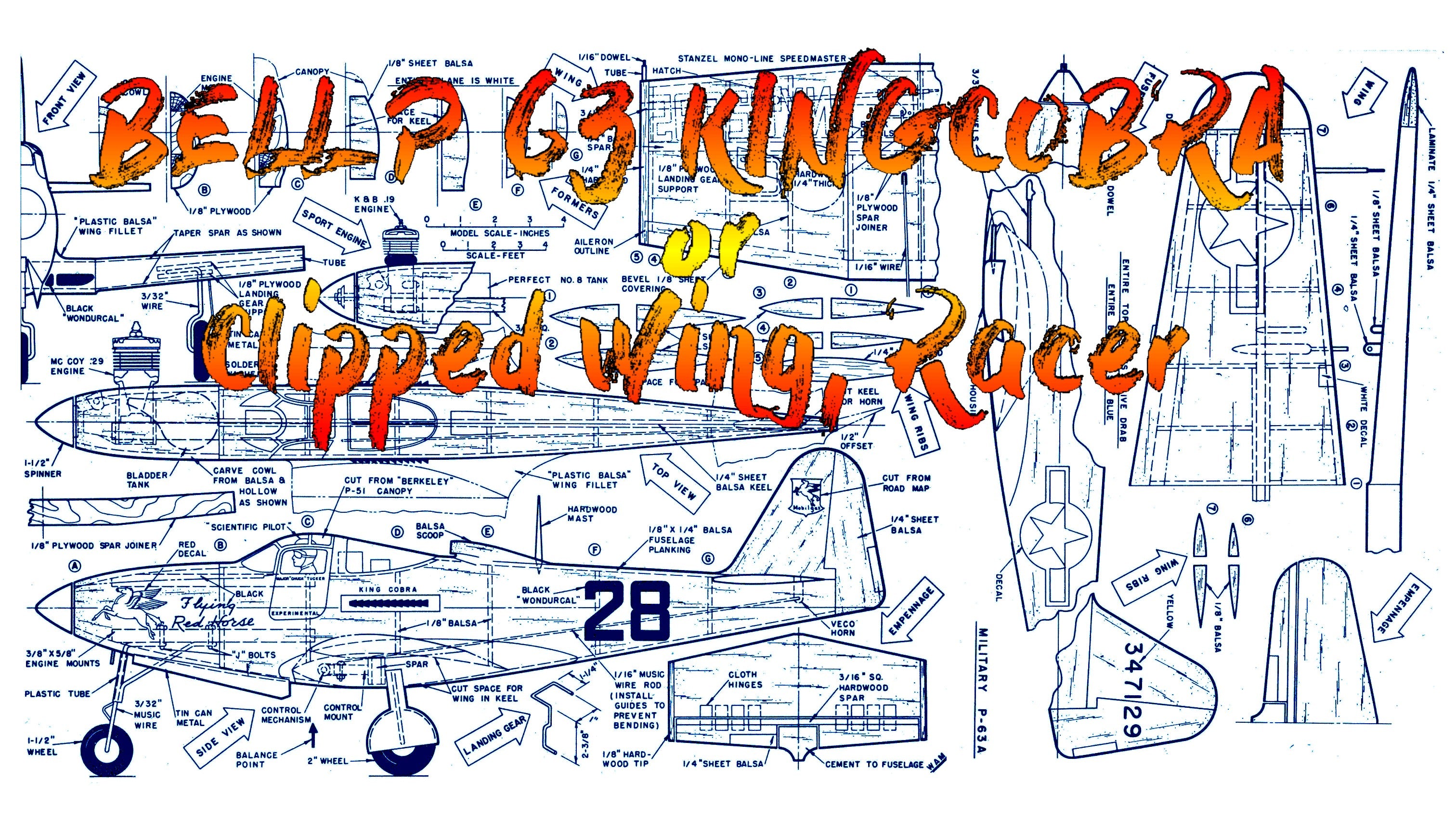 full size printed plans scale 1:16 control line bell p‑63 kingcobra  or  clipped wing, racer.