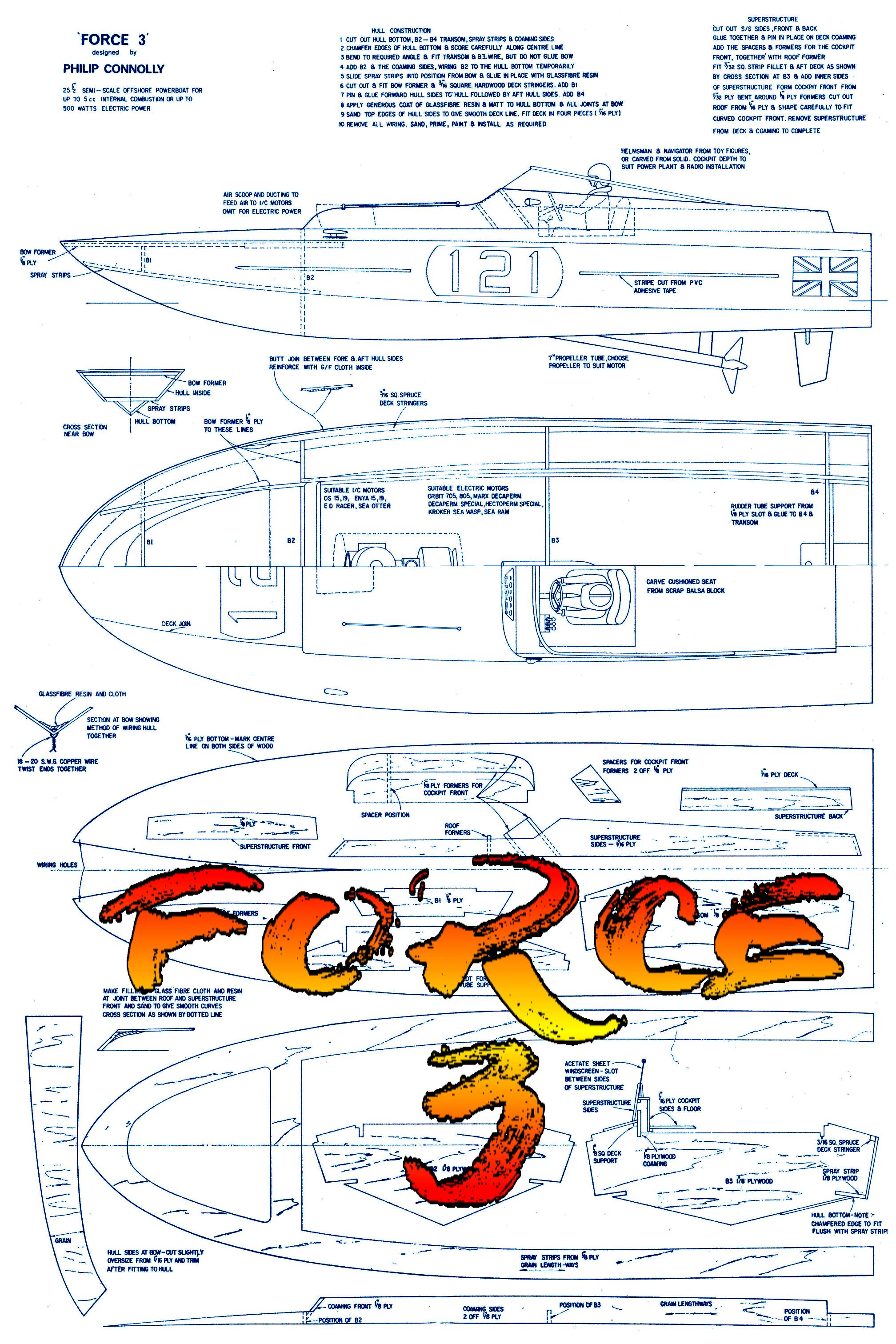 full size printed plan semi-scale off shore powerboat for radio control