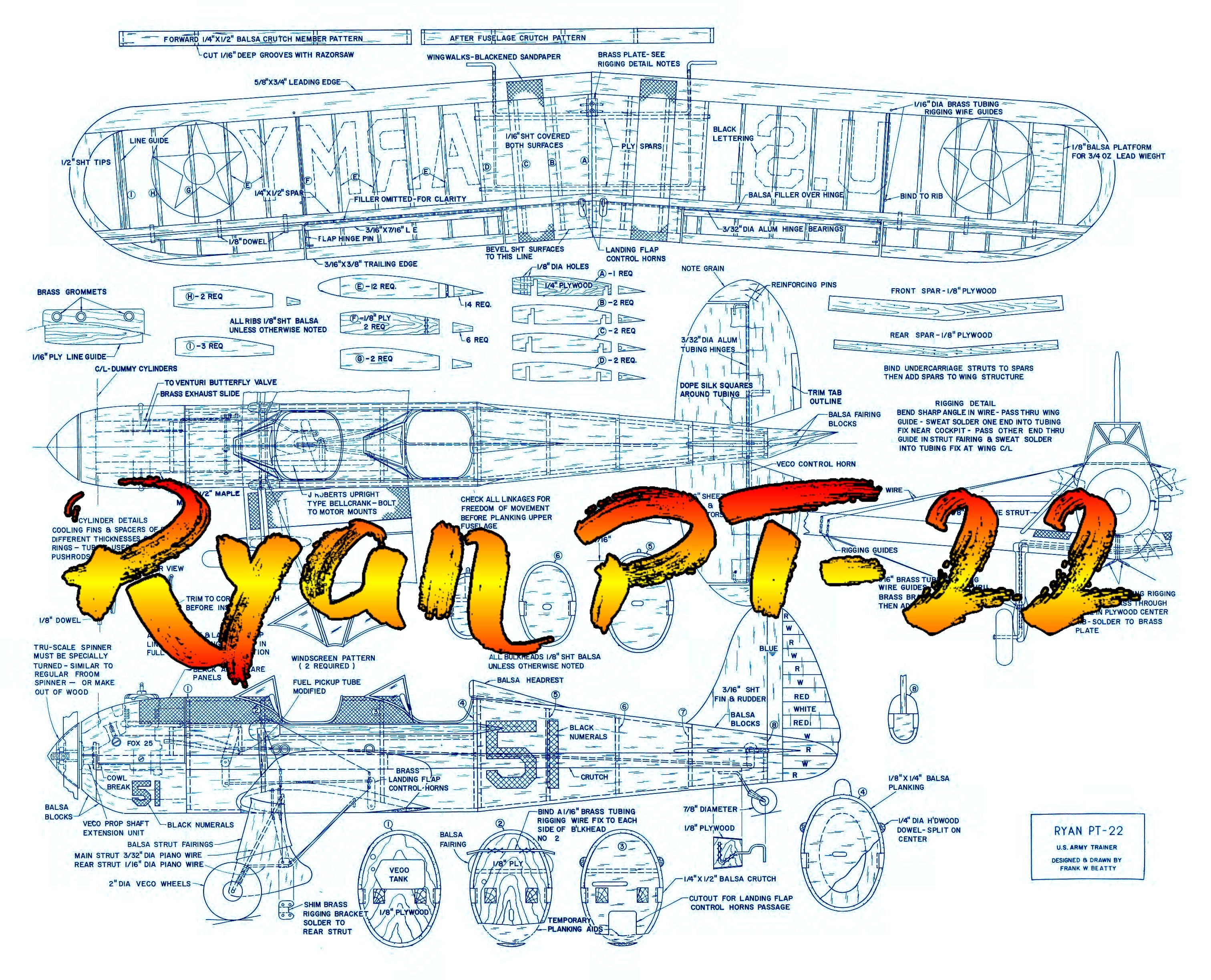 full size printed plans scale 1 1/4” = 1ft  control line  reliable throttle and flaps ryan pt-22