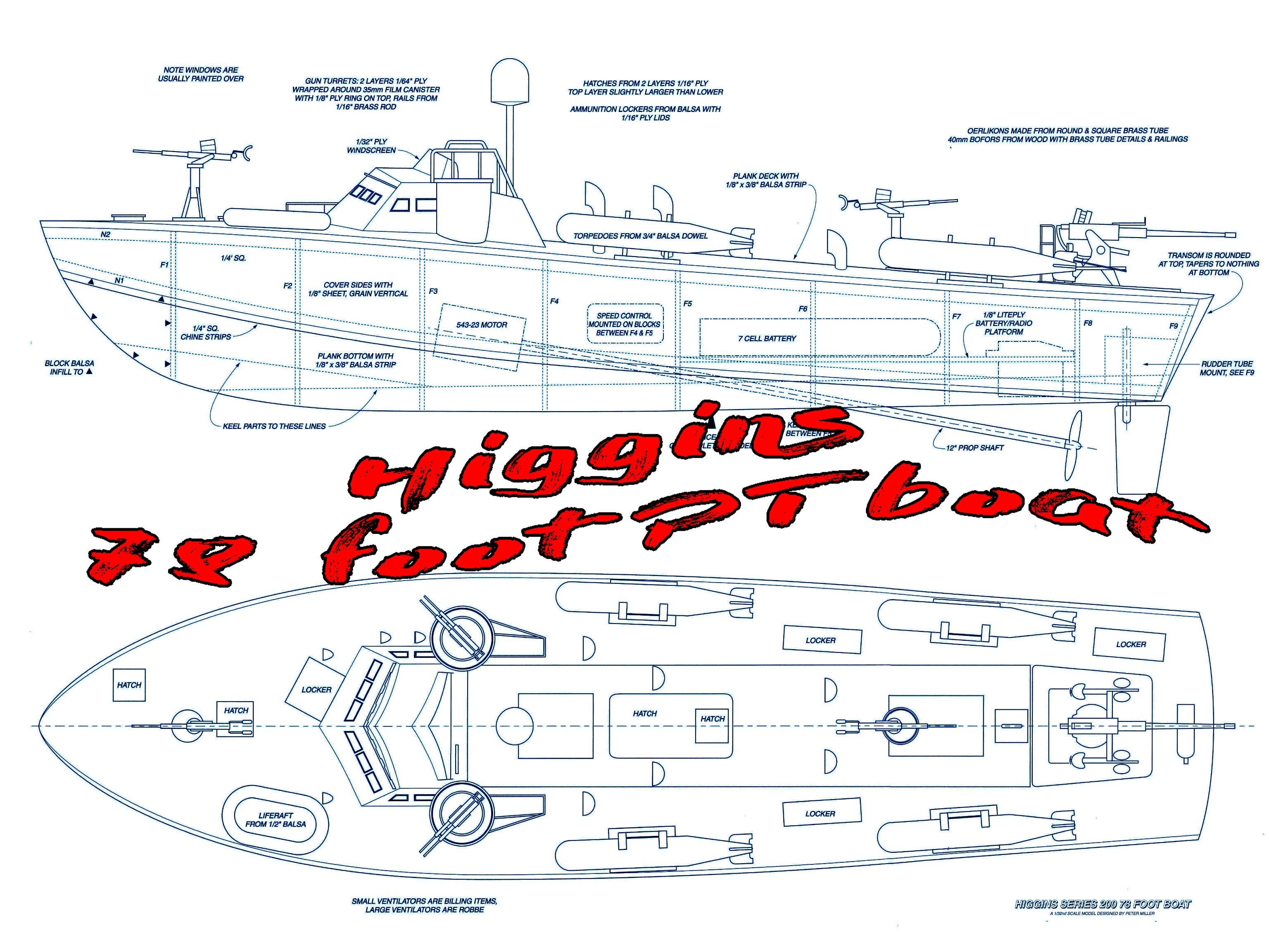 Full Size Printed Plan Scale 1/32 Higgins 78-foot PT boat suitable for radio control