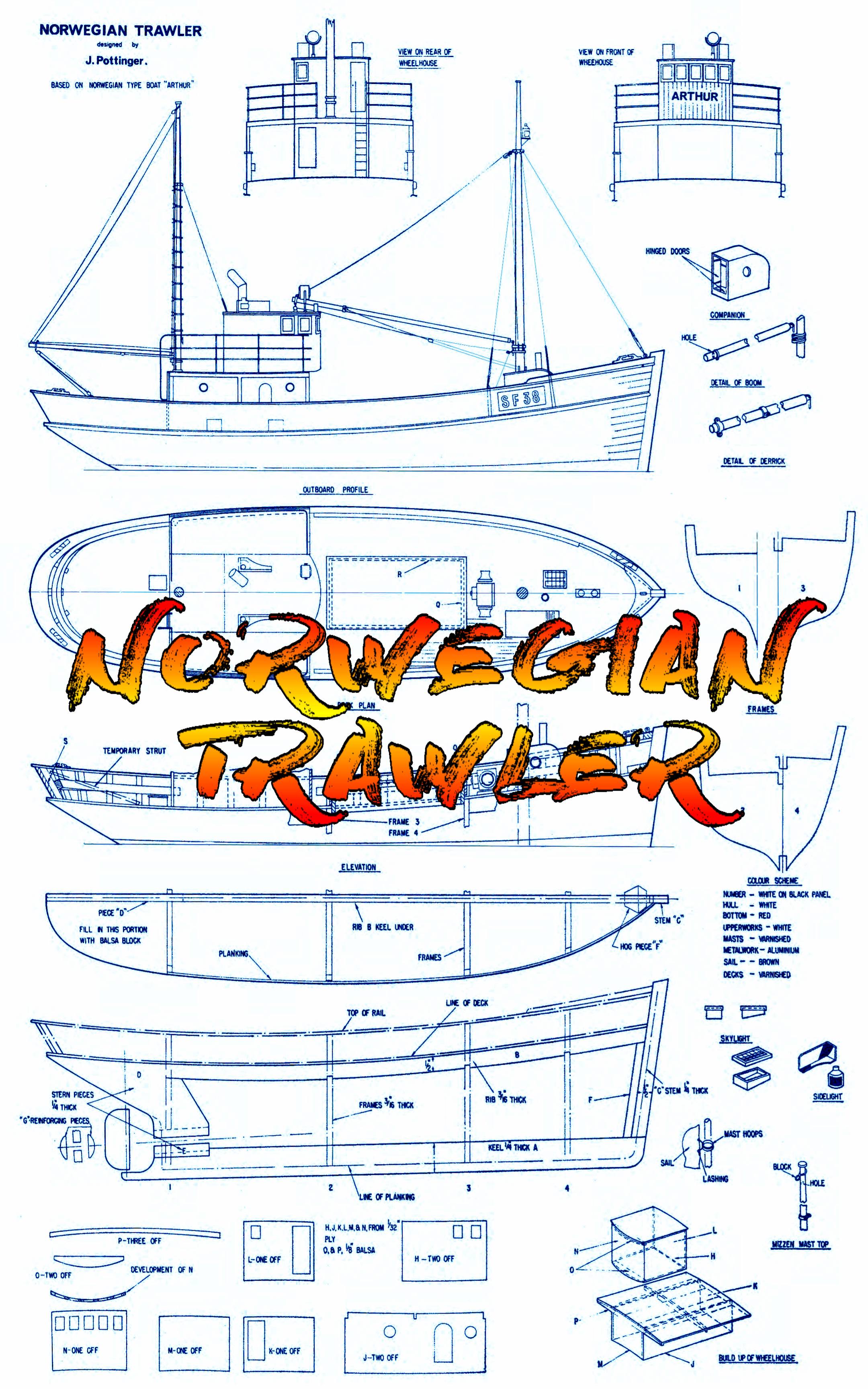 full size printed plan semi-scale 1:16 norwegian trawler for two channel radio control