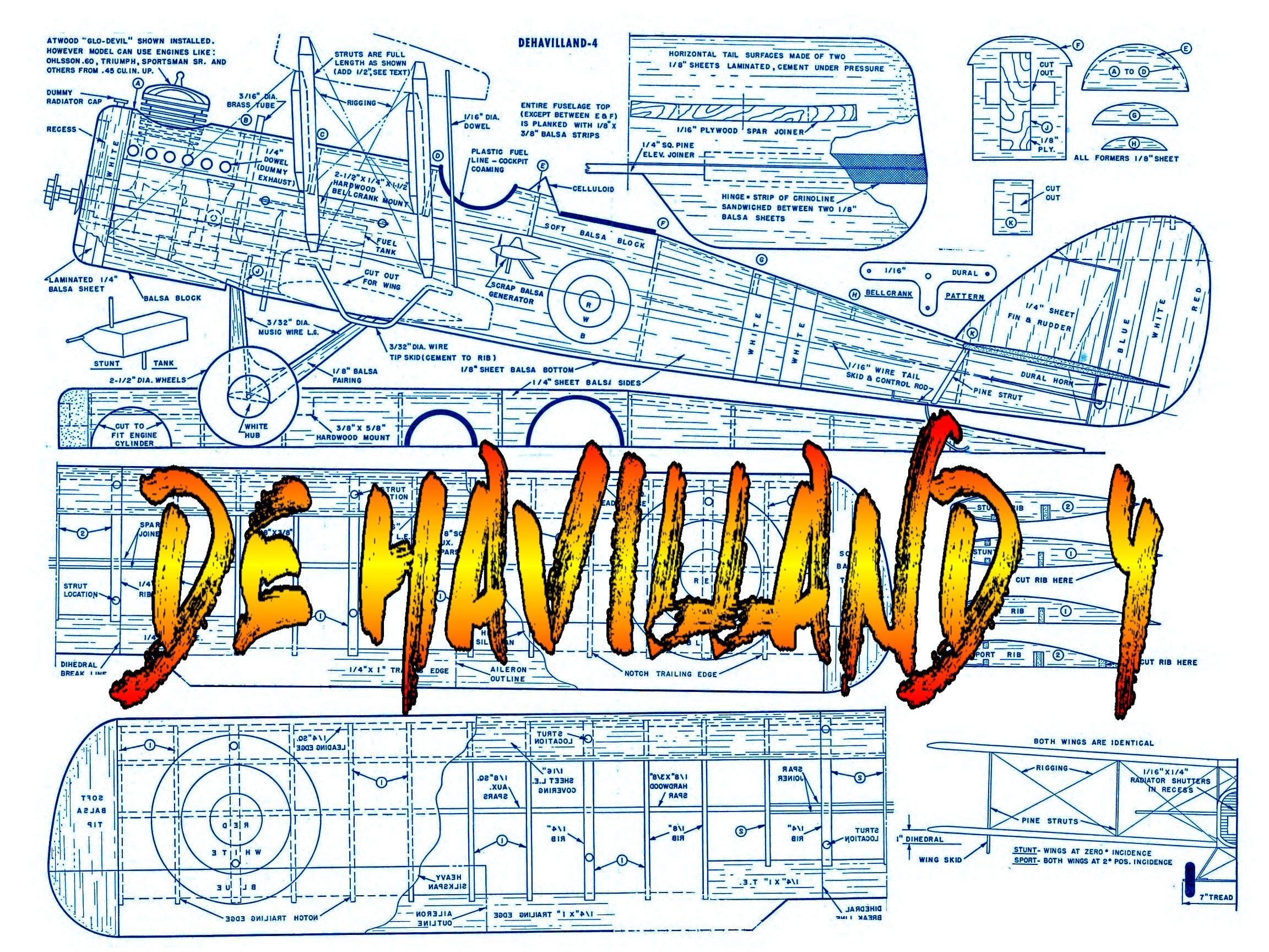 full size printed plans scale 1:12 exceptional control‑line model de havilland 4