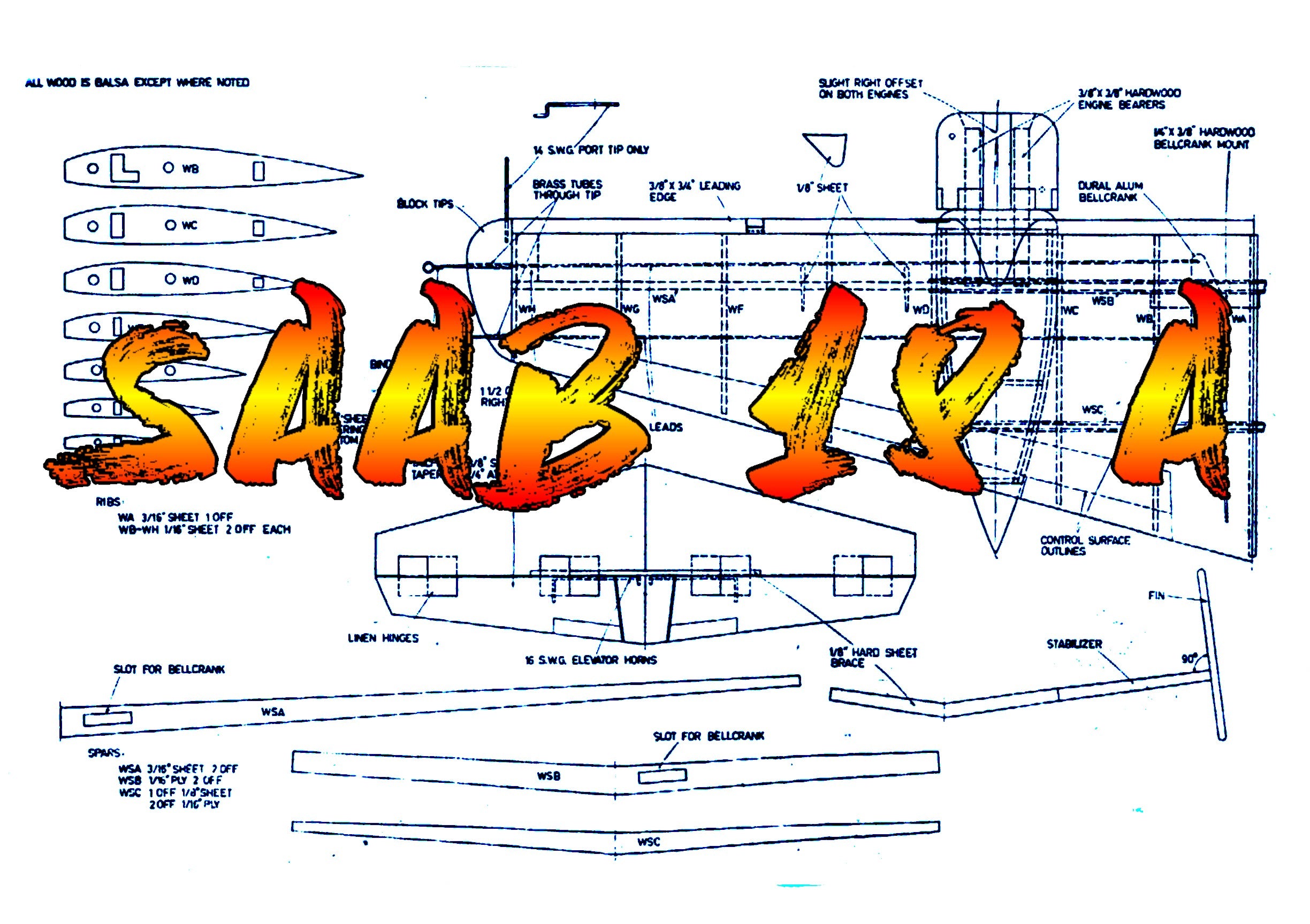full size printed plans scale 1:16 control line saab-i8a twin engine medium bomber