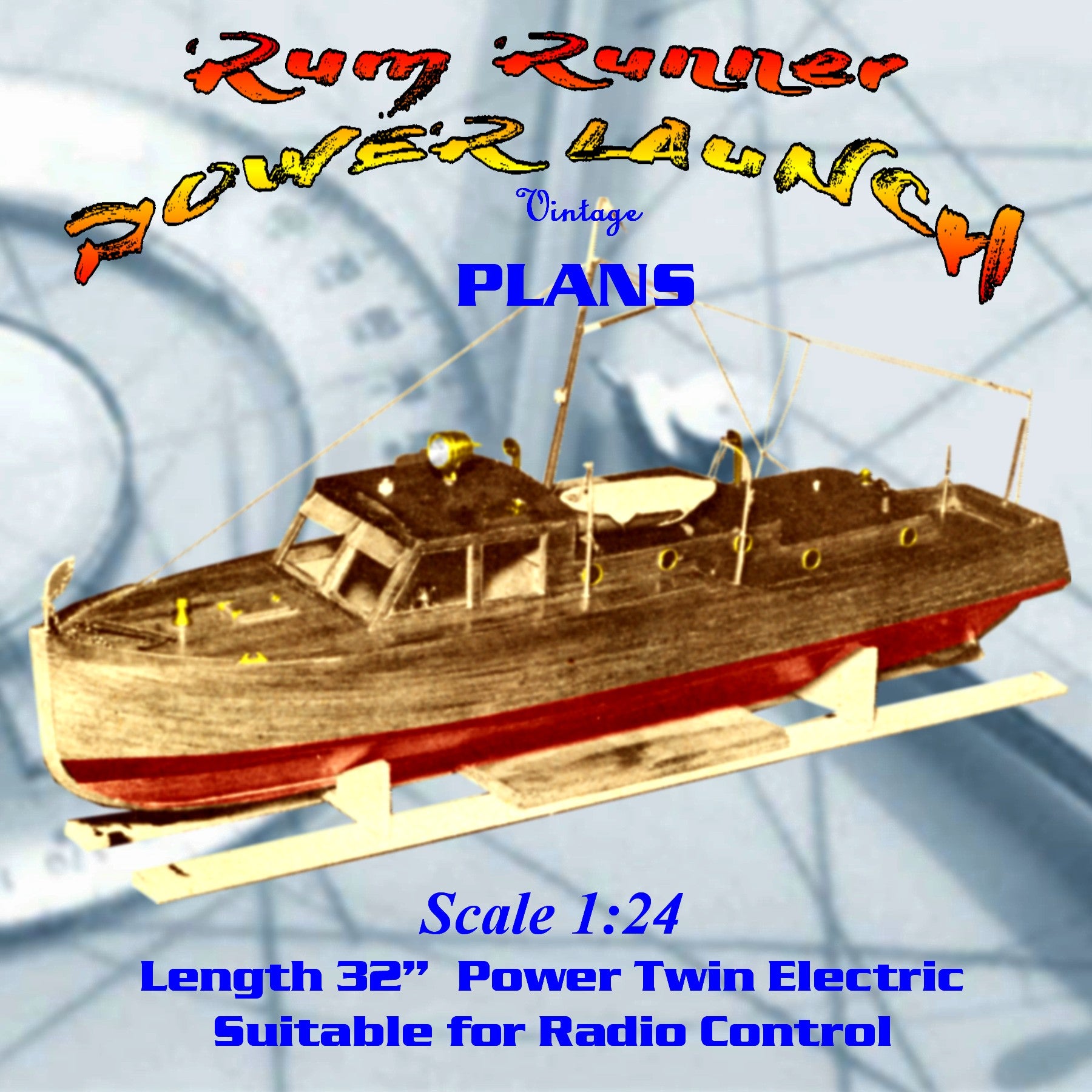 full size printed plan scale 32" rum runner launch suitable for radio control