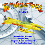 full size printed plan twinkletoes outrigger hydro  length 29”  engine 3.5cc outboard  for radio control