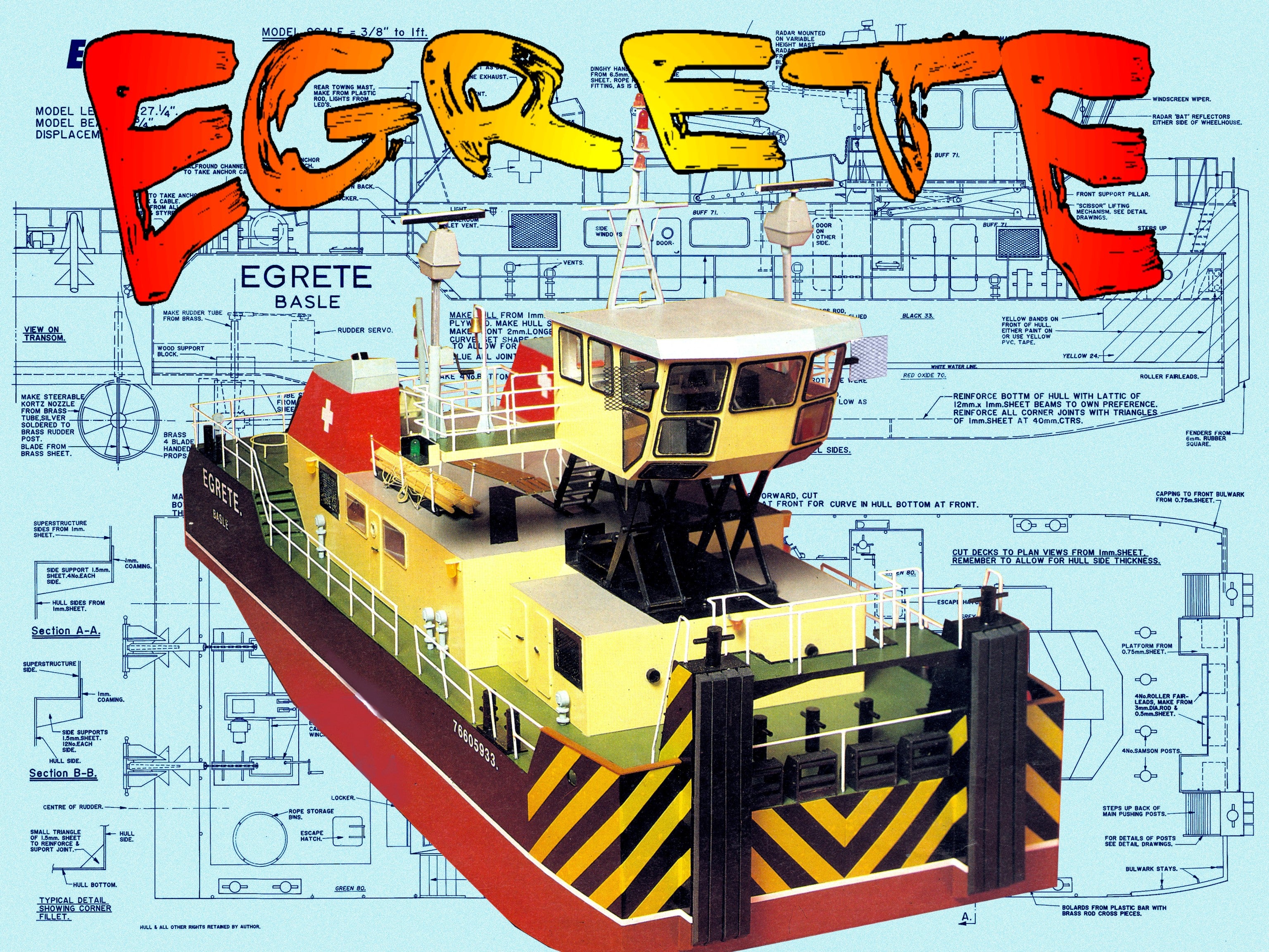 full size printed plans rhine  pusher tug l 27 1/4 in  b 9 3/4 in  for radio control