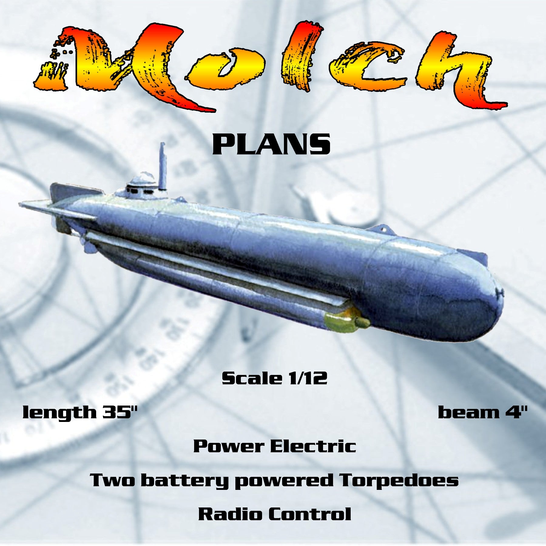 full size printed plans  midget german submarine scale 1/12  l 35" suitable for radio control