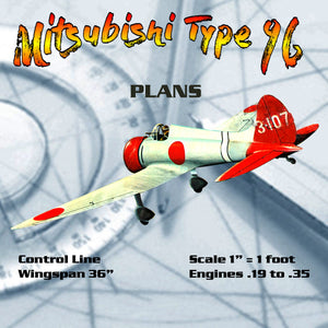 full size printed plan scale 1” = 1' control line wingspan 36" mitsubishi type 96