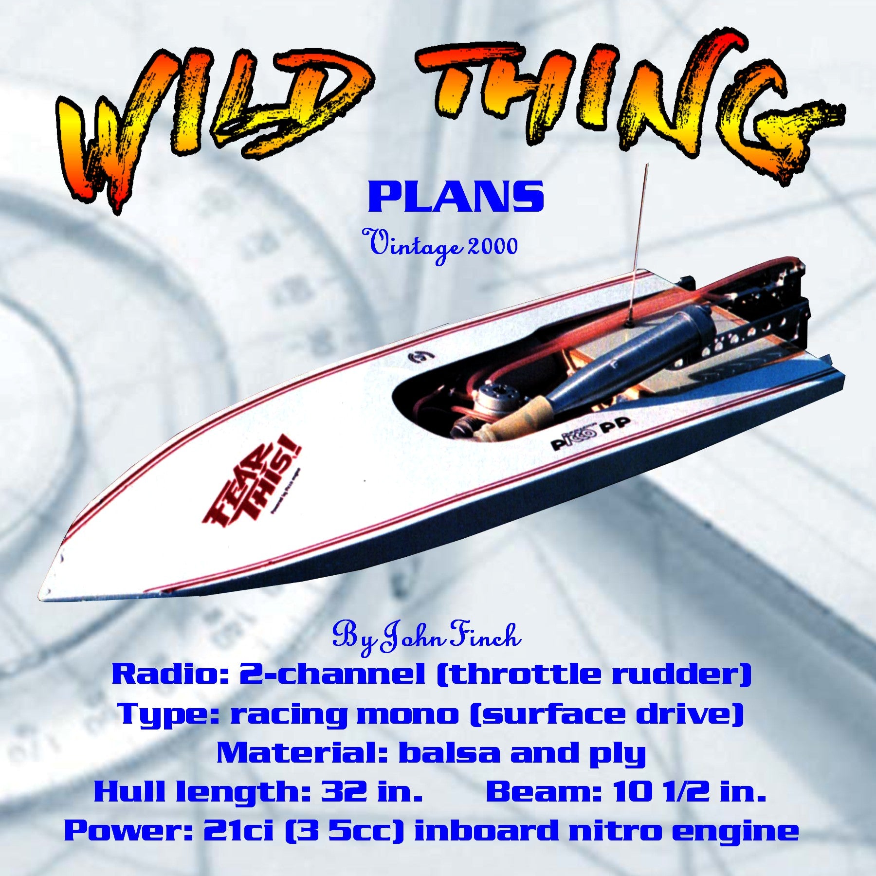 full size printed plan inboard racing mono hull the wild thing for radio control