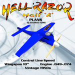 full size printed plans half "a" hell razor wingspan 10”  engines :  cub .039 - .049 - .074 wasp .049  spitfire .045