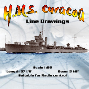 full size printed line drawings  scale 1:96 c-class light cruiser. hms curacoa l 57 1/2" suitable for radio control