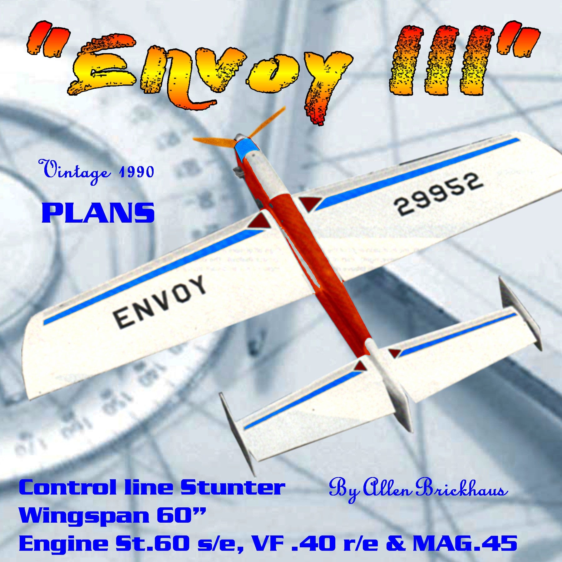 full size printed plan vintage 1990 control line stunter "envoy iii"  practical, serviceable c/l stunters.