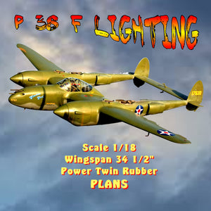 full size printed plan p 38 f lighting scale 1/18  wingspan 34 1/2"  power twin rub