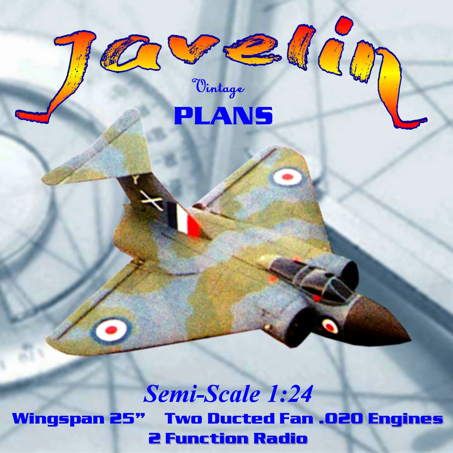 full size printed plan semi- scale 1:24 twin cox .020 ducted fan fun! gloster javelin
