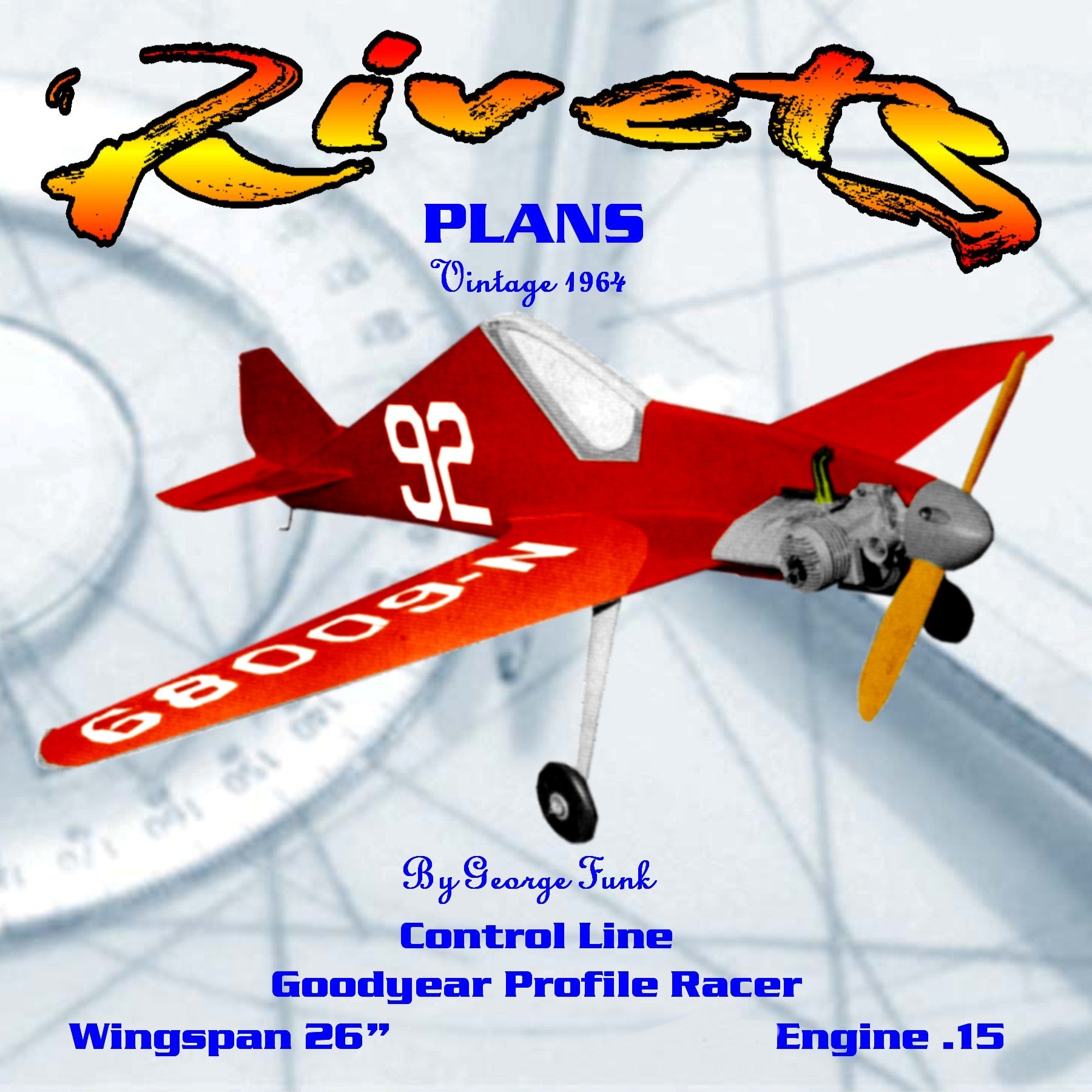 full size printed plan vintage 1964 profile goodyear racer control line "rivets"