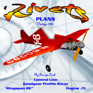full size printed plan vintage 1964 profile goodyear racer control line "rivets"