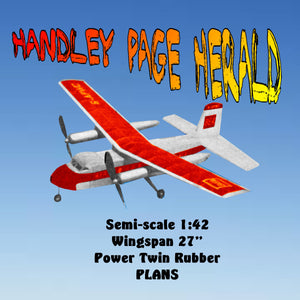 full size printed plans handley page herald semi-scale 1:42  wingspan 27”  power twin rubber