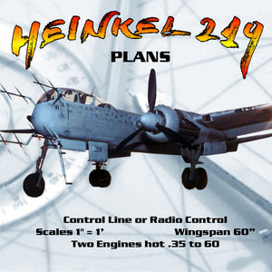 full size printed plans scale 1" = 1' control line or radio control wingspan 60” heinkel 219