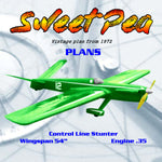 full size printed  plan vintage 1972 control line .35 stunter sweet pea construction is different but not difficult.