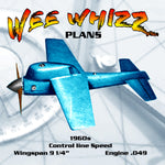 full size printed plan  1/2 a  vintage control line speed wee whizz  wingspan 91/4”  engine .049
