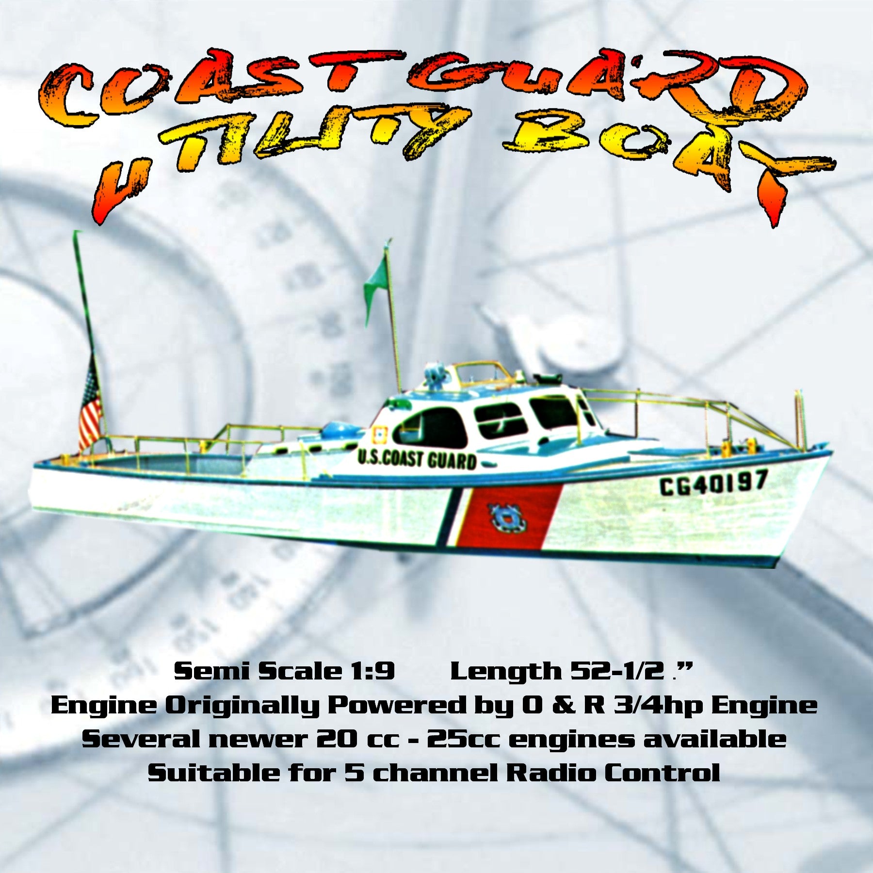 coast guard utility boat scale 1:9, 52 1/2", 20 to 25 cc full size printed plans and article for radio control