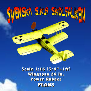 full size printed plan svenska s.k.8 skolfalken scale 1:16 (¾”=1ft)  wingspan 24 in.  power rubber