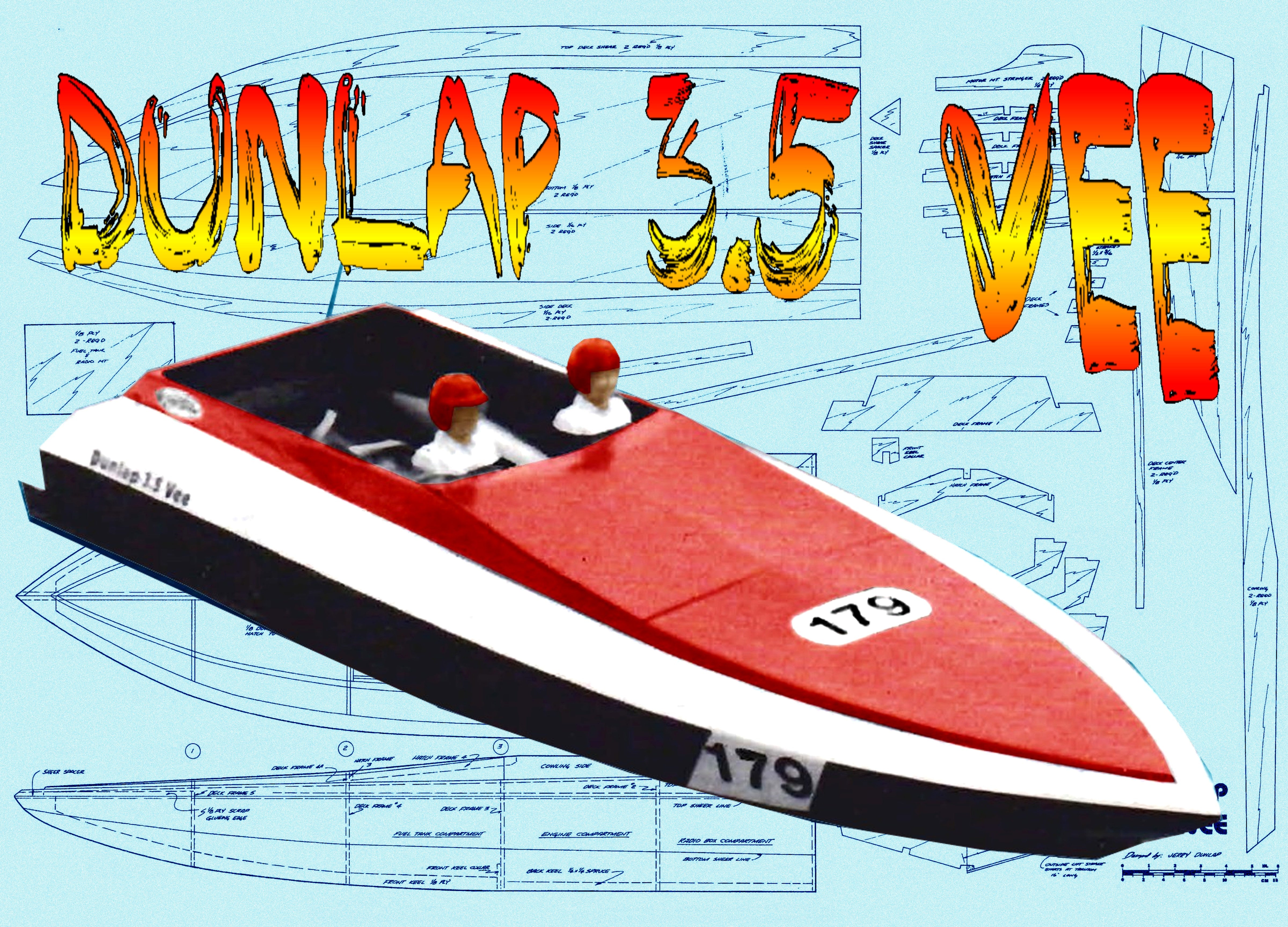 full size plans l 31”  b 11” .21  for radio control deep vee racing boat dunlap 3.5 vee