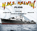 full size printed plans scale 1/96 k class destroyer h.m.s. kelvin. l 45-1/2" suitable for radio control