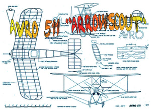 full size printed plan and building notes avro 511 “arrowscout" scale .923” = 1ft  w/s 24”  power rubber