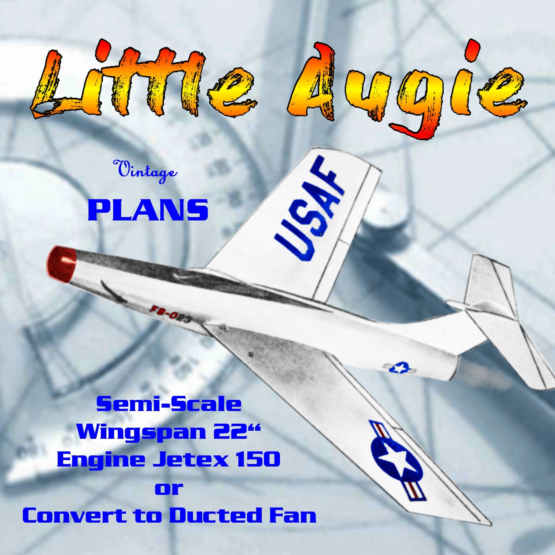 full size printed plan semi scale jetex fighter little augie  jetex 150  or convert to ducted fan