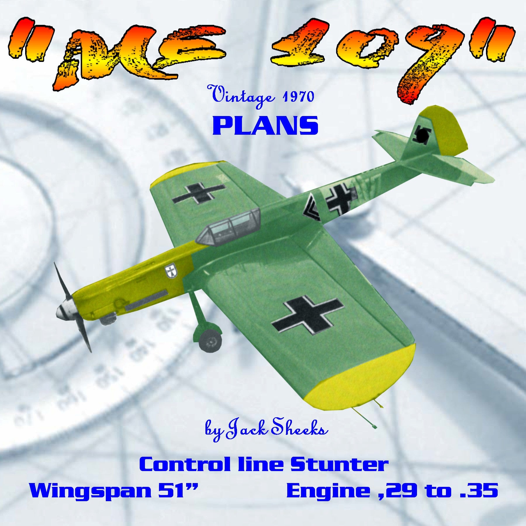 full size printed plan vintage 1970 semi-scale stunt controline “me 109” simplest to build and fly of them all