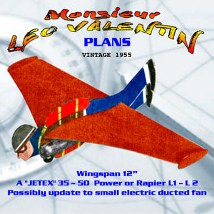 full size printed plan the intrepid birdman monsieur leo valentin jetex" 35 – 50  powered or  to small electric ducted fan
