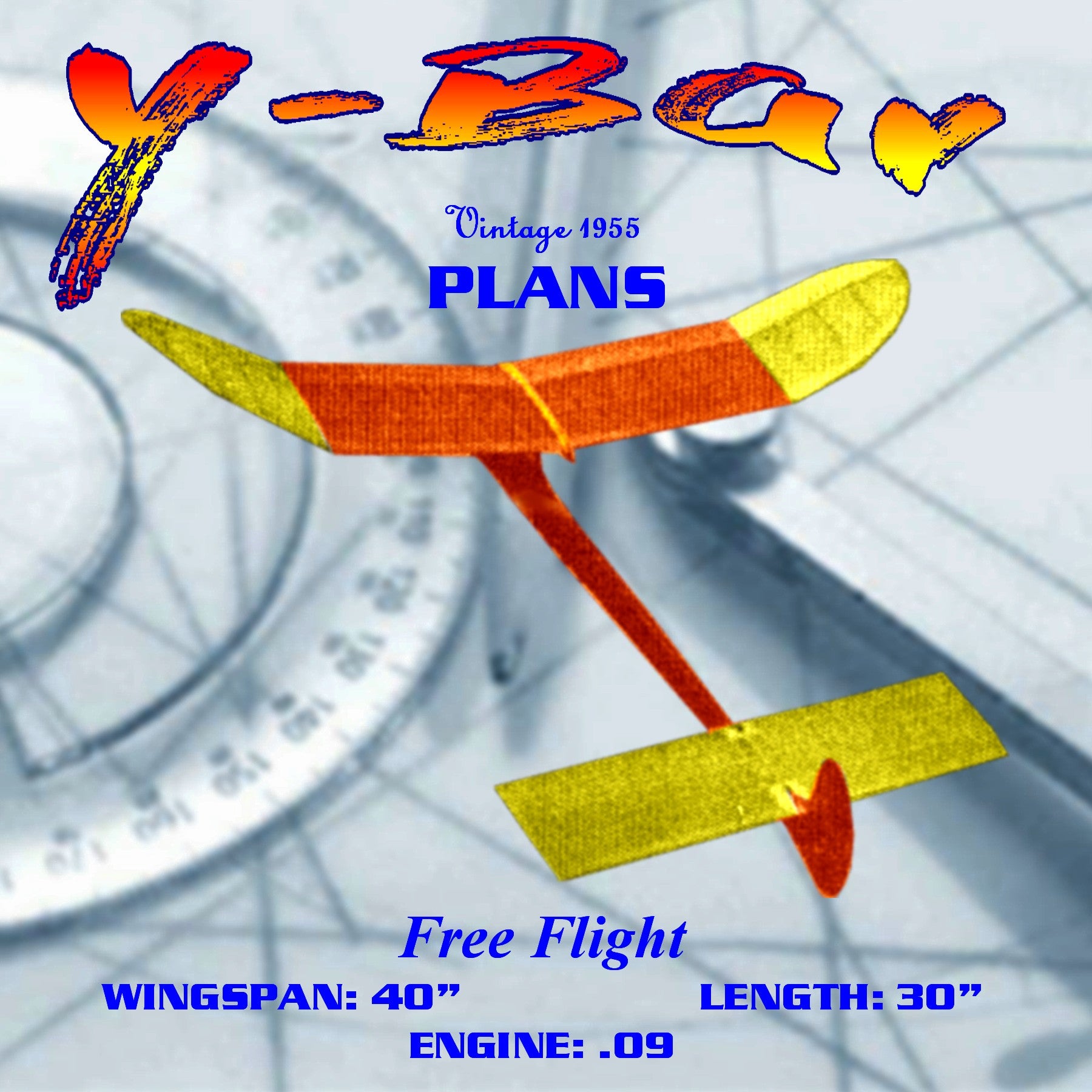 full size printed plan vintage 1955 free flight the y-bar wingspan 40”  engine .09 contest design
