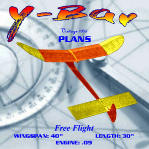 full size printed plan vintage 1955 free flight the y-bar wingspan 40”  engine .09 contest design