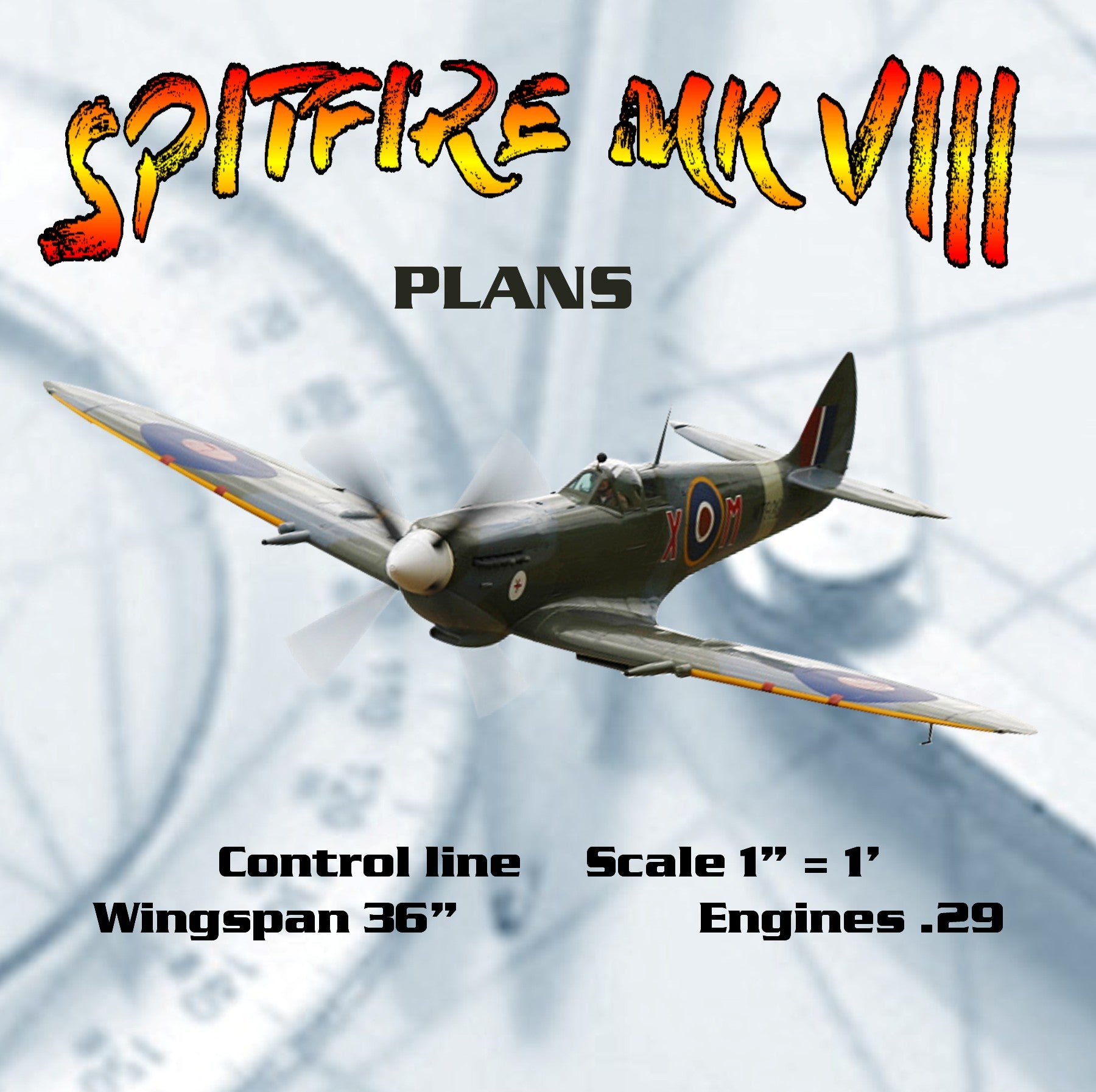 full size printed plans  control line  scale 1” = 1’ spitfire mk viii  wingspan 36”  engines .29