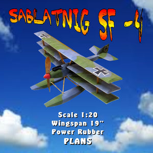 full size printed plan sablatnig sf -4 scale 1:20  wingspan 19”  power rubber