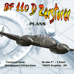 full size printed plans  scale 1” – 1' control line wingspan 54" twin .35  messerschmitt bf 11o d zerstorer