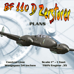 full size printed plans  scale 1” – 1' control line wingspan 54" twin .35  messerschmitt bf 11o d zerstorer
