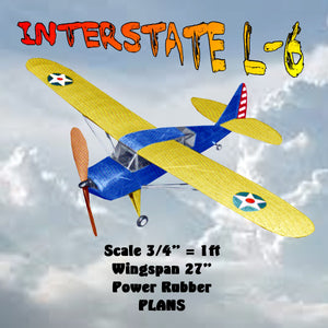 full size printed plans with article interstate l-6 scale 1:16 ( ¾” = 1ft)  wingspan 27”  power rubber
